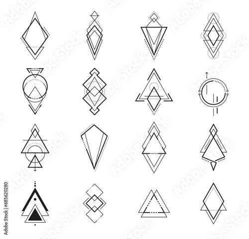 Geometric boho tattoo, sacred geometry art and mystic tribal symbols, vector signs. Geometric boho tattoo of moon and triangle, alchemy magic and ethnic Indian tribal or occult esoteric line symbols