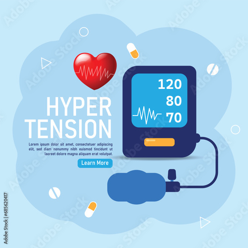 Hypertension, hypotension disease. Doctor writing results of cardiology checkup. Big sphygmomanometer with cardiogram, medications, syringe, heart. 