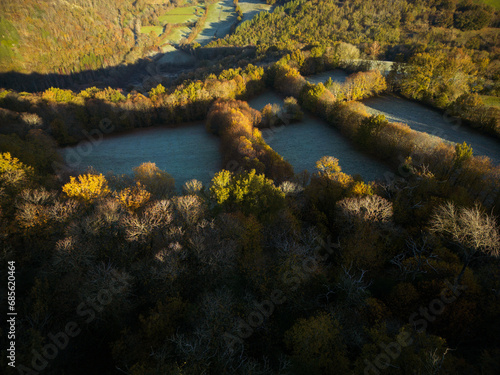 Fototapeta Naklejka Na Ścianę i Meble -  Forest and hills landscape at sunrise in  wintertime in Aveyron France