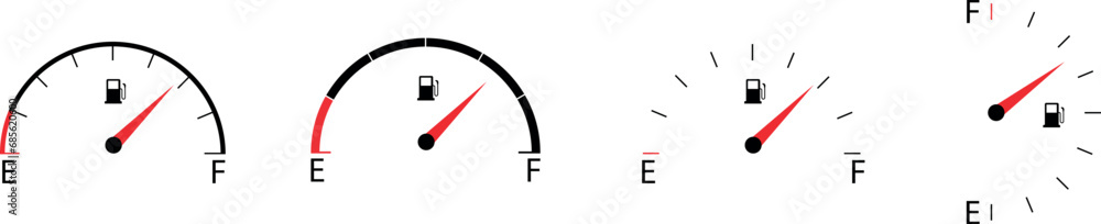 Fuel gauge indicator. Full fuel gauge icon set. Gas tank. Different dashboard auto panel equipment with arrow. Vector illustration. - obrazy, fototapety, plakaty 