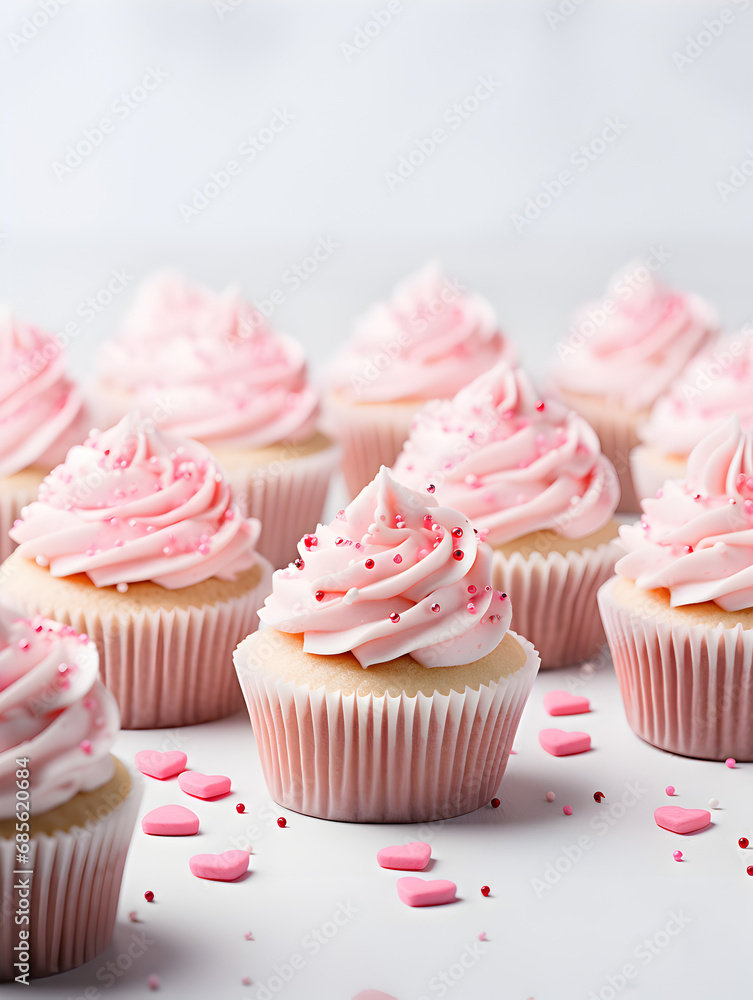 Vanilla cupcakes with buttercream and pink sprinkles on top, white background 