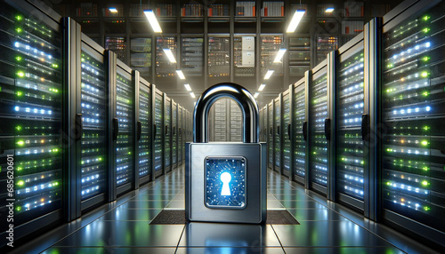 A secure data center with rows of advanced servers, showcasing the concept of data protection. The servers are tall, sleek, and modern