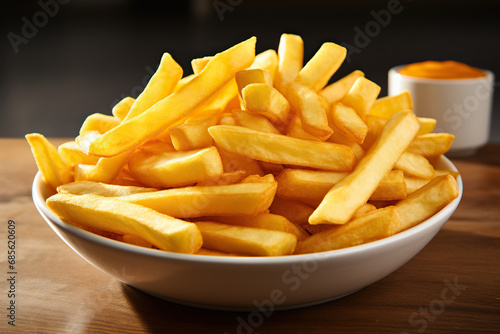 French fries on a plate on a wooden table. Generated by artificial intelligence
