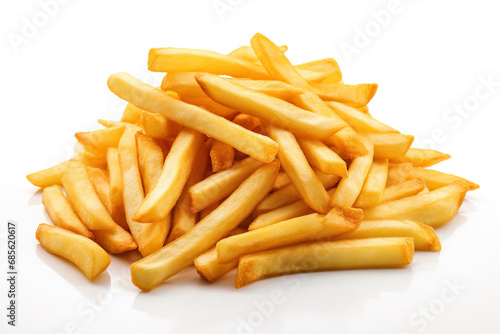 French fries are stacked in a pile on a white background. Generated by artificial intelligence