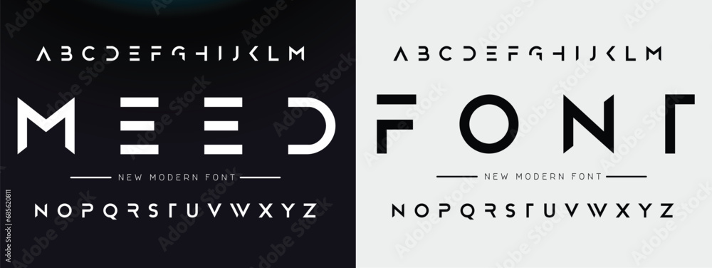 MEED Modern abstract digital alphabet font. Minimal technology typography, Creative urban sport fashion futuristic font and with numbers. vector illustration. - obrazy, fototapety, plakaty 