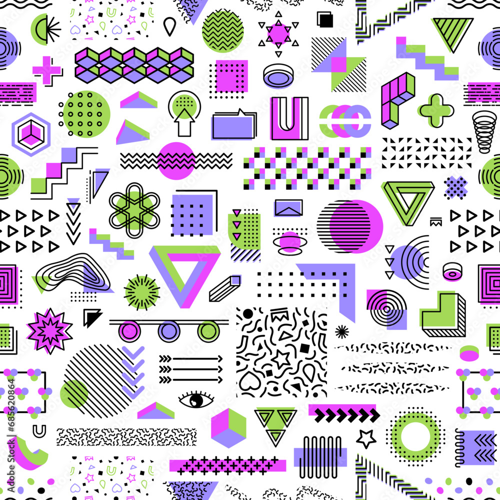 Memphis geometric funky shapes seamless pattern. Fabric or textile seamless background with simple geometric shapes, wallpaper or wrapping paper vector print, background with Memphis graphic forms Memphis geometric funky shapes seamless pattern. Fabric or textile seamless background with simple geometric shapes, wallpaper or wrapping paper vector print, background with Memphis graphic forms