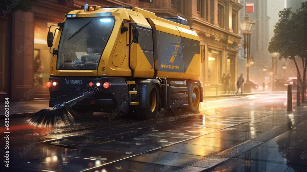 Fototapeta premium Street cleaner. Demonstration of harvesting equipment. A road sweeper. Vehicle for street cleaning. Machine with brushes for cleaning.