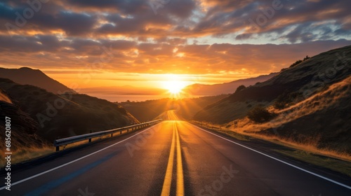 Long Road with Dramatic Skyline and Sunrise