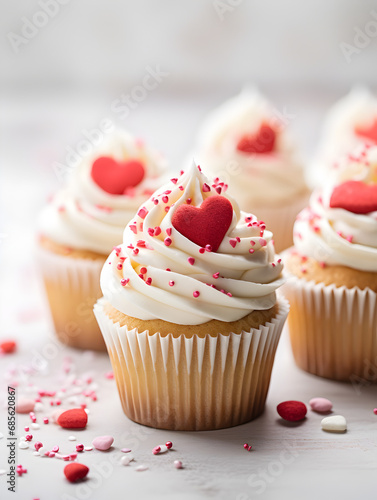 Vanilla cupcakes with white buttercream and red hearts on top, white marble table and blurry background 