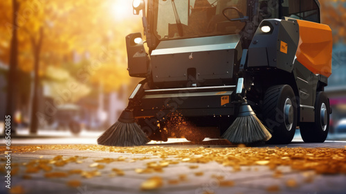 Street cleaner. Demonstration of harvesting equipment. A road sweeper. Vehicle for street cleaning. Machine with brushes for cleaning. photo