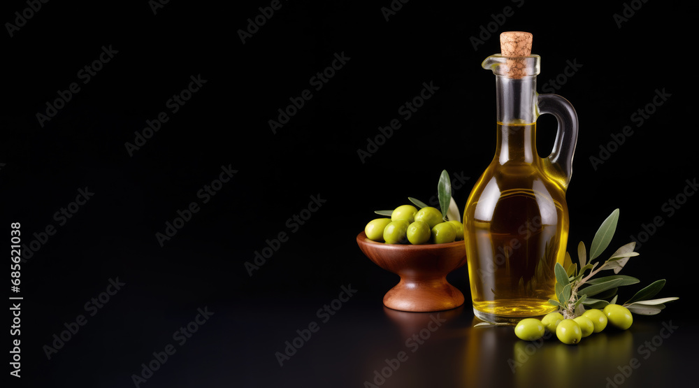 Olive oil in glass oil bottle with cork stopper and next to a bowl of olives and an olive branch on a black background