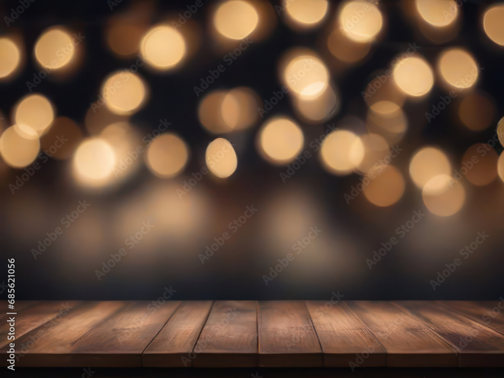 Empty wooden table in defocused bokeh festive lights background generated by AI Empty wooden table in defocused bokeh festive lights background generated by AI