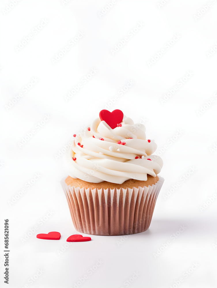 Sweet cupcakes with white buttercream and red hearts on top, white background 