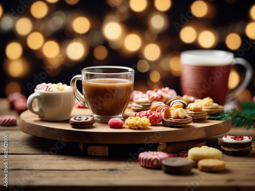 Christmas dinner table with sweets and hot drinks in fair lights background generated by AI