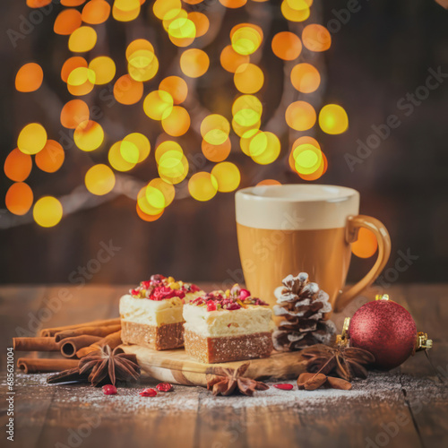 Christmas table with cookies and in festive lights background generated by AI © Nastassia