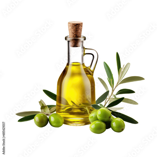Olive oil in glass oil bottle with cork stopper and green olives with olive leaves isolated on a cut out PNG transparent background 