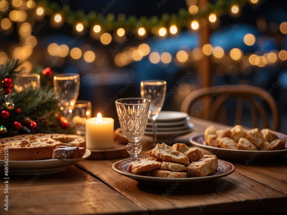 Naklejka premium Christmas dinner in defocused bokeh fair lights background generated by AI