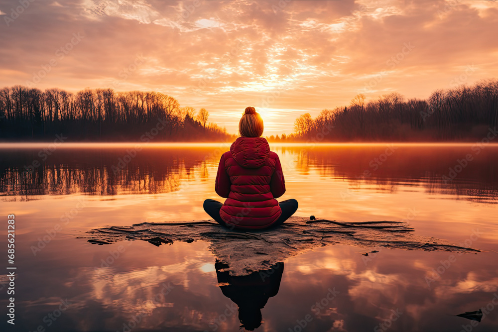 yoga instructor wearing a red jacket sits on the lake at sunrise, person meditating in nature with an emphasis on tranquility, mindfulness, and relaxation in winter - obrazy, fototapety, plakaty 