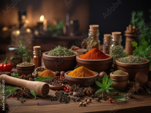 Wooden tabletop with spices and herbs generated by AI © Nastassia