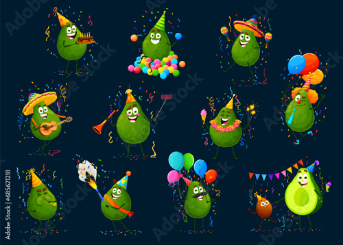 Cartoon avocado characters on holiday party set. Happy vector cheerful fruits in festive hat fun with sparklers, ice cream, maracas, flapper and balloons under falling confetti at birthday celebration