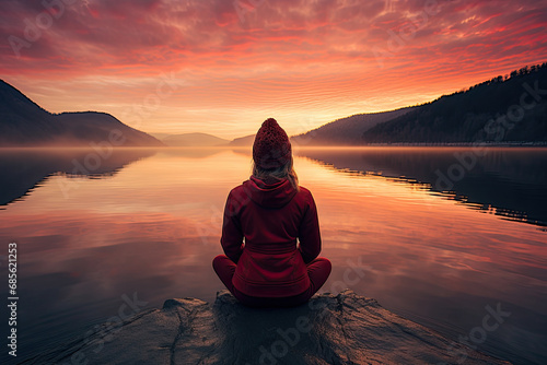 yoga instructor wearing a red jacket sits on the lake at sunrise,person meditating in nature with an emphasis on tranquility, mindfulness, and relaxation in winter