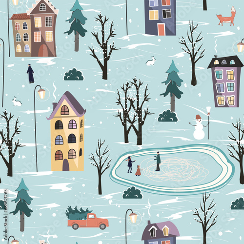 Winter seamless pattern with snowy town landscape. Beautiful Christmas Nature with City. Vector background illustration.