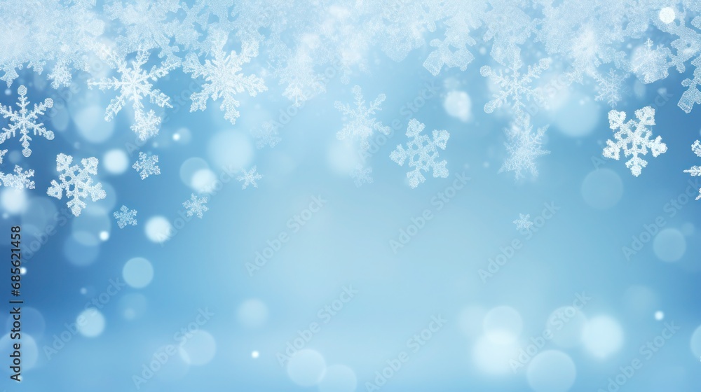 Border of white snowflakes on a blurred blue background with copy space