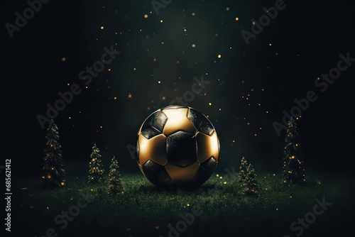 Black gold soccer ball on dark Christmas football background. AI generated