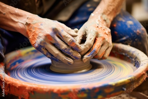 A craftsman molds clay on the potter's wheel