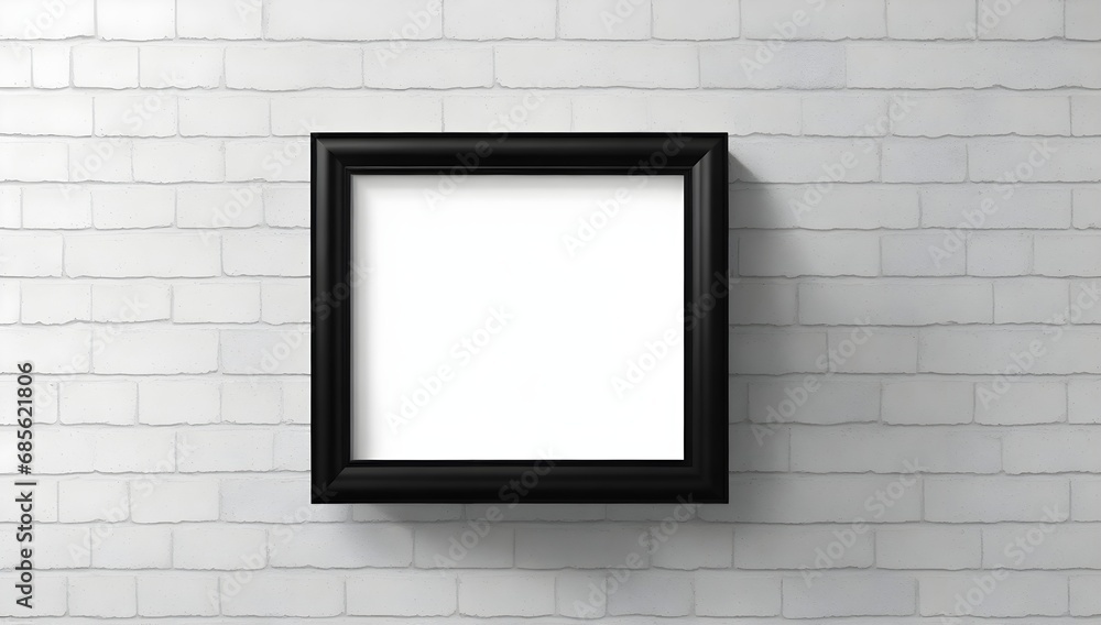Blank photo frame on white brick wall. Empty black square frame with empty copy space. Blank photo frame on white brick wall. Empty black square frame with empty copy space.