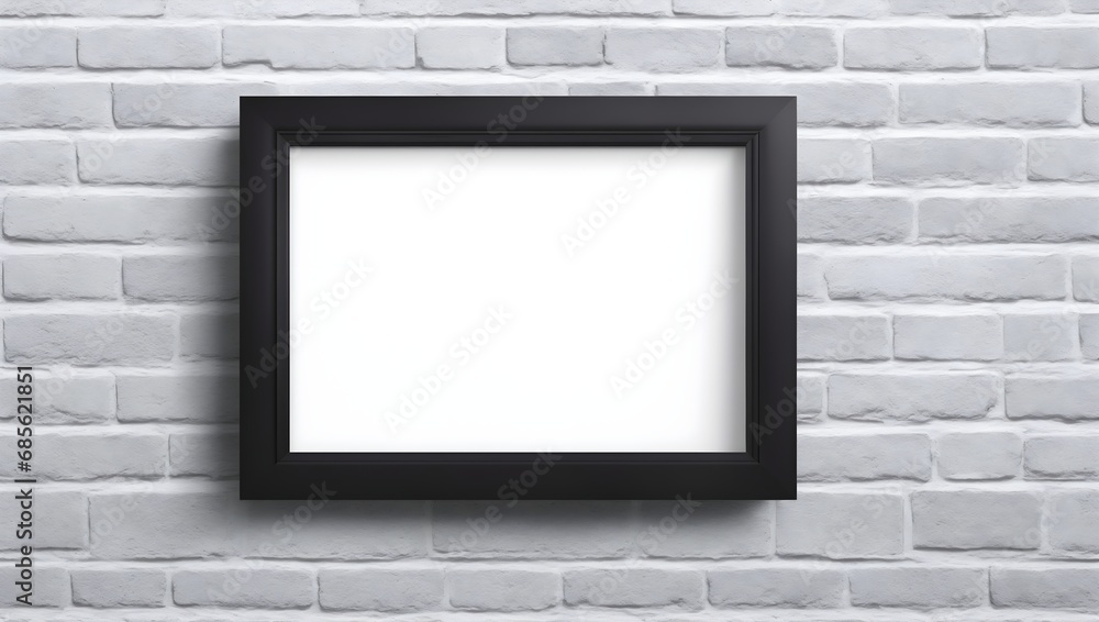 Blank photo frame on white brick wall. Empty black frame with empty copy space. Blank photo frame on white brick wall. Empty black frame with empty copy space.