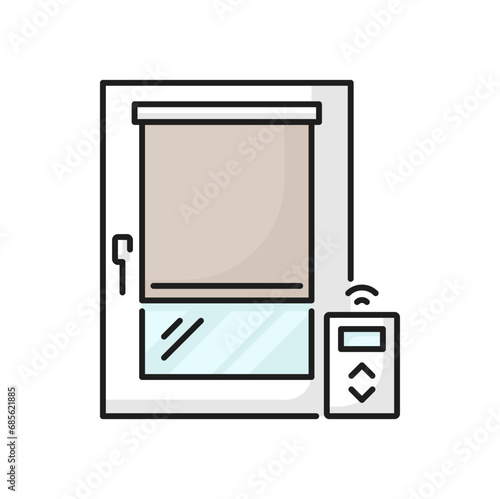 Roller blind, automatic window curtain interior design element outline icon. Vector vertical jalousie on remote control, automated window shutter