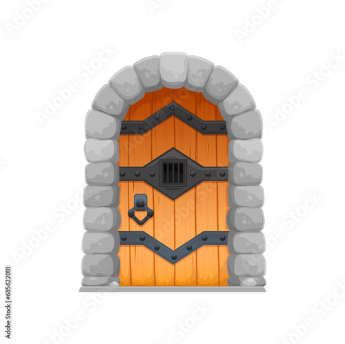 Cartoon medieval castle gate, wooden door with stone wall arch frame, forged metal hinges, knocker handle and window. Vector entrance, portal or entry of ancient house building, palace or church