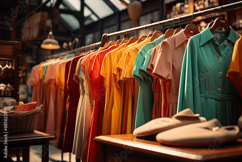 A colorful array of shirts hanging on a store rack. Suitable for fashion retail, clothing store promotions, seasonal sales, and vibrant apparel advertisements.