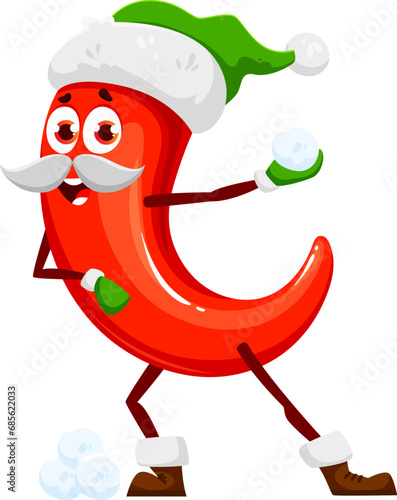 Christmas chili pepper in Santa or elf hat, winter holiday cartoon vegetable, vector character. Funny red pepper playing snowballs in Santa hat and mittens for New Year and Christmas holiday emoji
