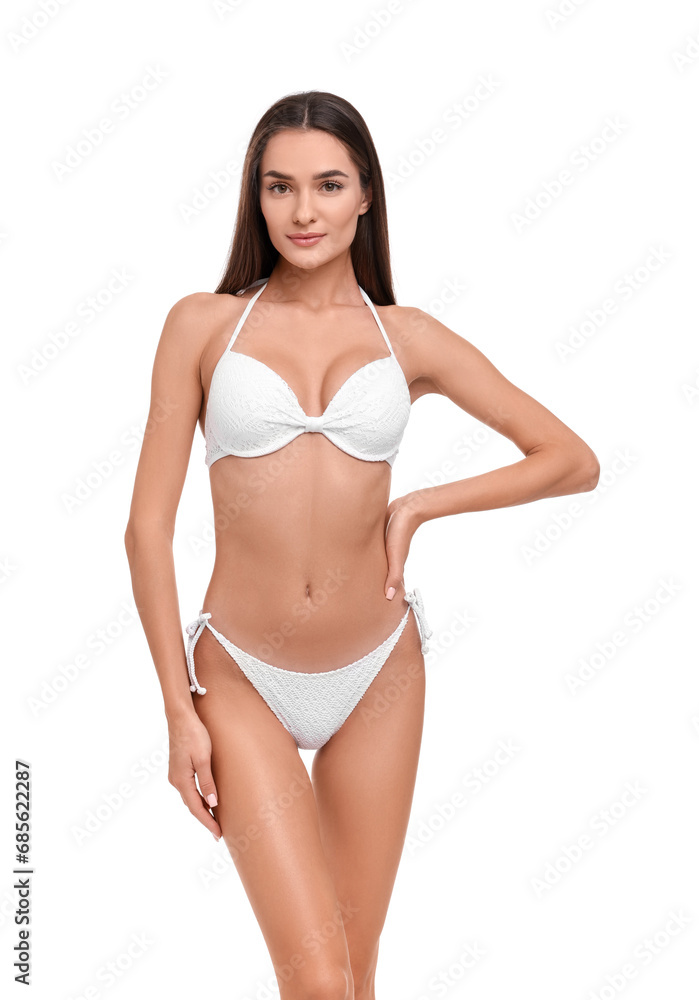 Young woman in stylish bikini isolated on white