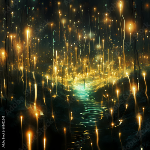 a pattern inspired by the glowing trails left behind by abstract fireflies in a nocturnal scene