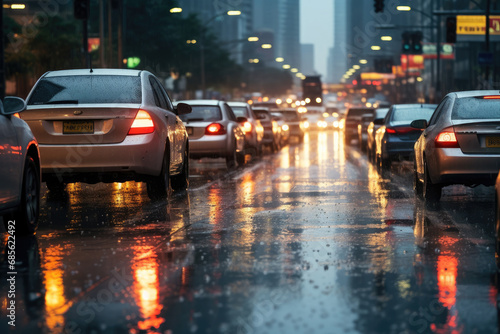 traffic jam in the rain at dusk, modern urban, Car rush hours city street on the rainy