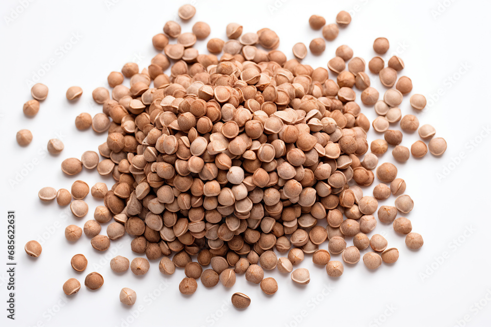 A bunch of buckwheat grains on a white background. Generated by artificial intelligence A bunch of buckwheat grains on a white background. Generated by artificial intelligence