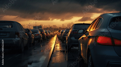 traffic jam in night scene, Car rush hours city street on the rainy