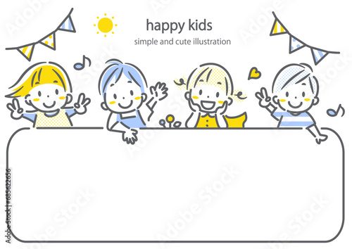 元気な子どもたちのフレーム　シンプルでかわいい線画イラスト