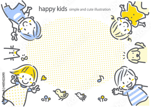 笑顔の子どもたちのフレーム　丸形　シンプルでかわいい線画イラスト