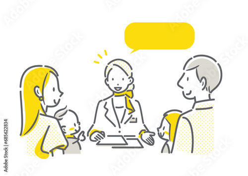 相談窓口で丁寧に案内を受ける若い家族　シンプルでお洒落な線画イラスト