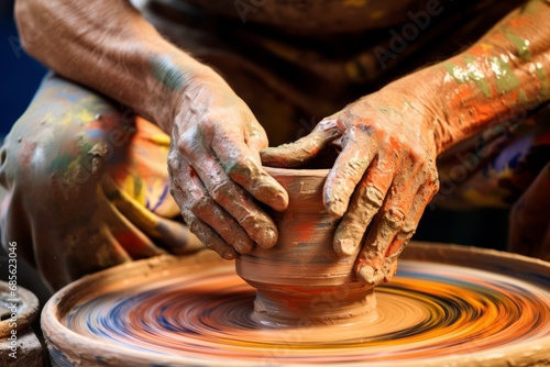 The ceramic studio comes alive as a man engages in a session with the potter's wheel photo