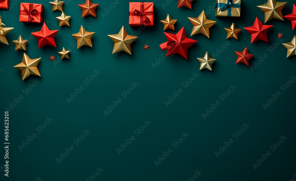Beautiful green Christmas background with a border of golden Christmas toys, stars and gifts. New Year's decoration for congratulations.