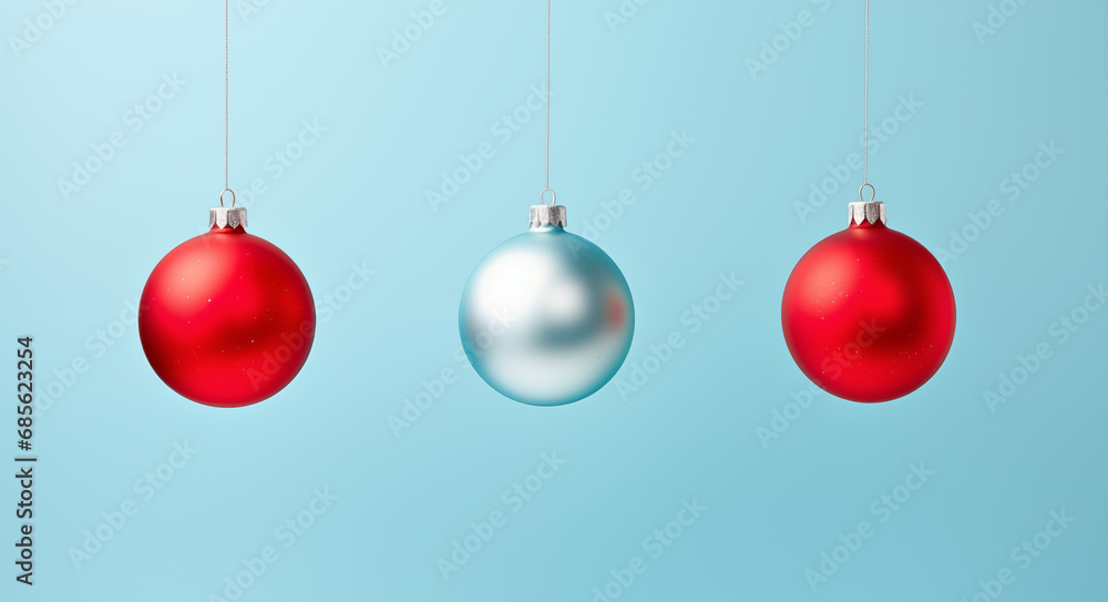 Beautiful light blue Christmas background with red and white balls. New Year's composition with decorations for Happy New Year. Beautiful light blue Christmas background with red and white balls. New Year's composition with decorations for Happy New Year.