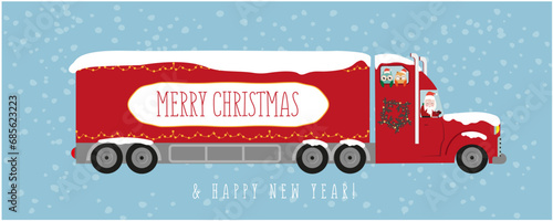 christmas card, banner, cover with truck and santa © Anastasiya