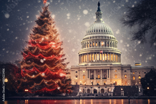  Capitol building with a Christmas tree in the foreground. Suitable for holiday-themed designs  travel brochures  festive greeting cards  and patriotic promotions.christmas tree in washington