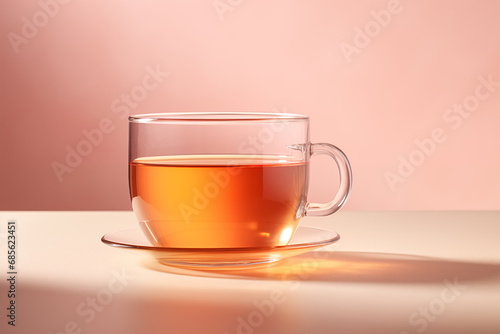 transparent teacup with tea on a saucer close-up