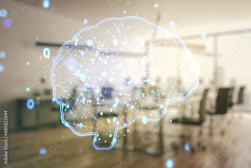 Virtual creative artificial Intelligence hologram with human brain sketch on a modern furnished office background. Multiexposure © Pixels Hunter